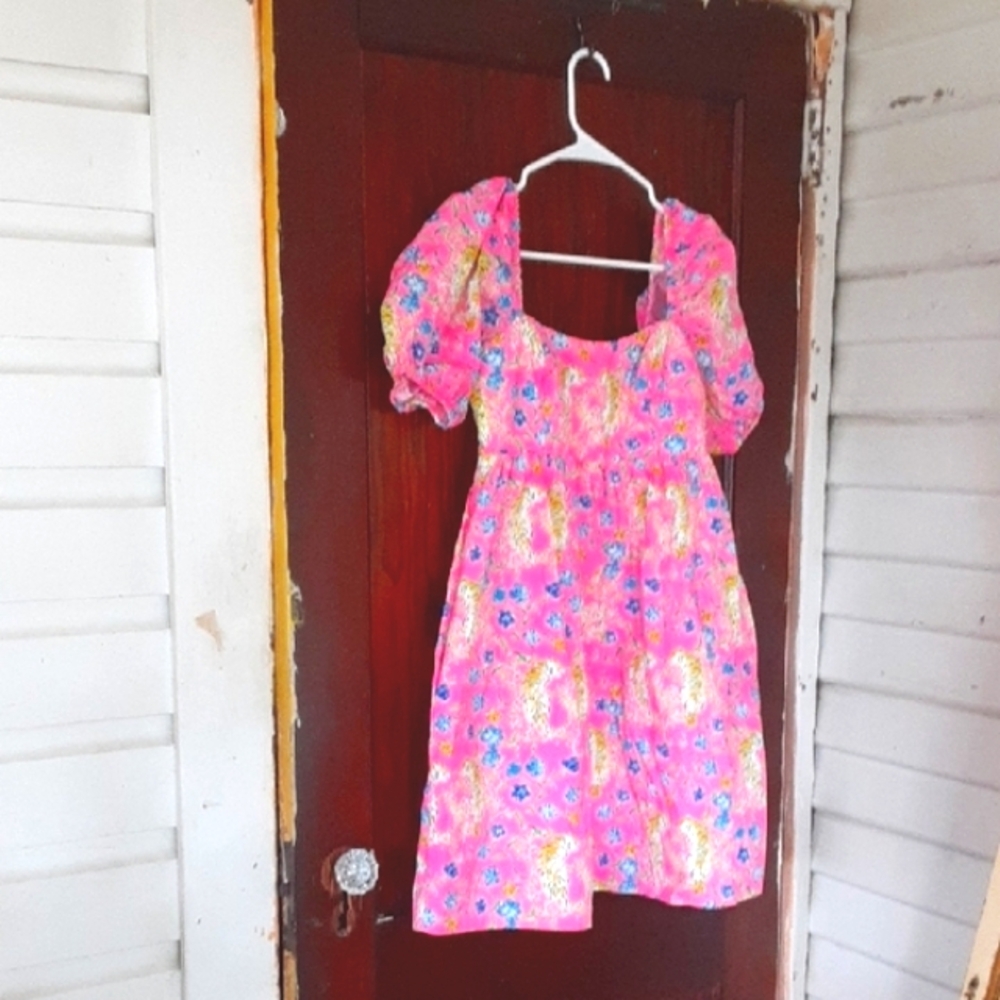 Lilly Pulitzer Pink Floral Mini Dress with Puff Sleeves Sz 0